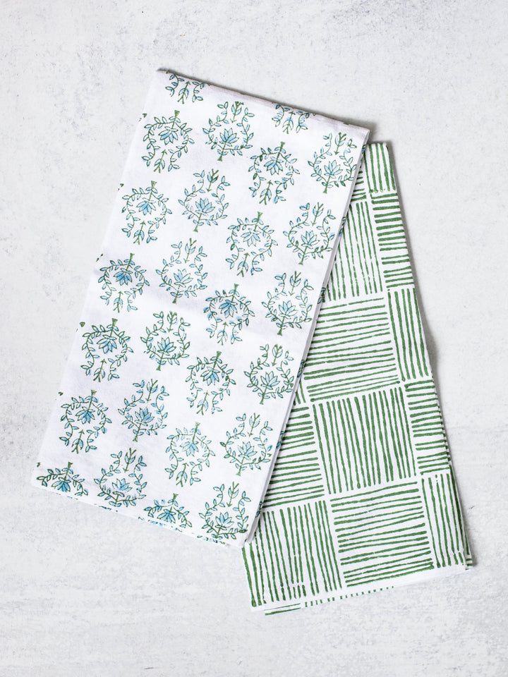 Tea Towel Set - Lotus &amp; Stripe, Sage - The Mended Company
