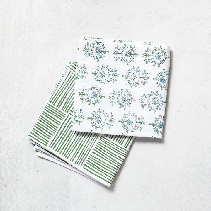 Tea Towel Set - Lotus &amp; Stripe, Sage - The Mended Company