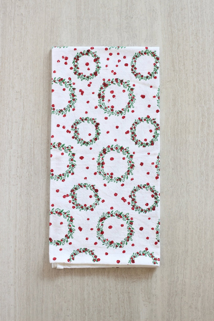 Tea Towel - Wreath, Evergreen & Red - The Mended Company