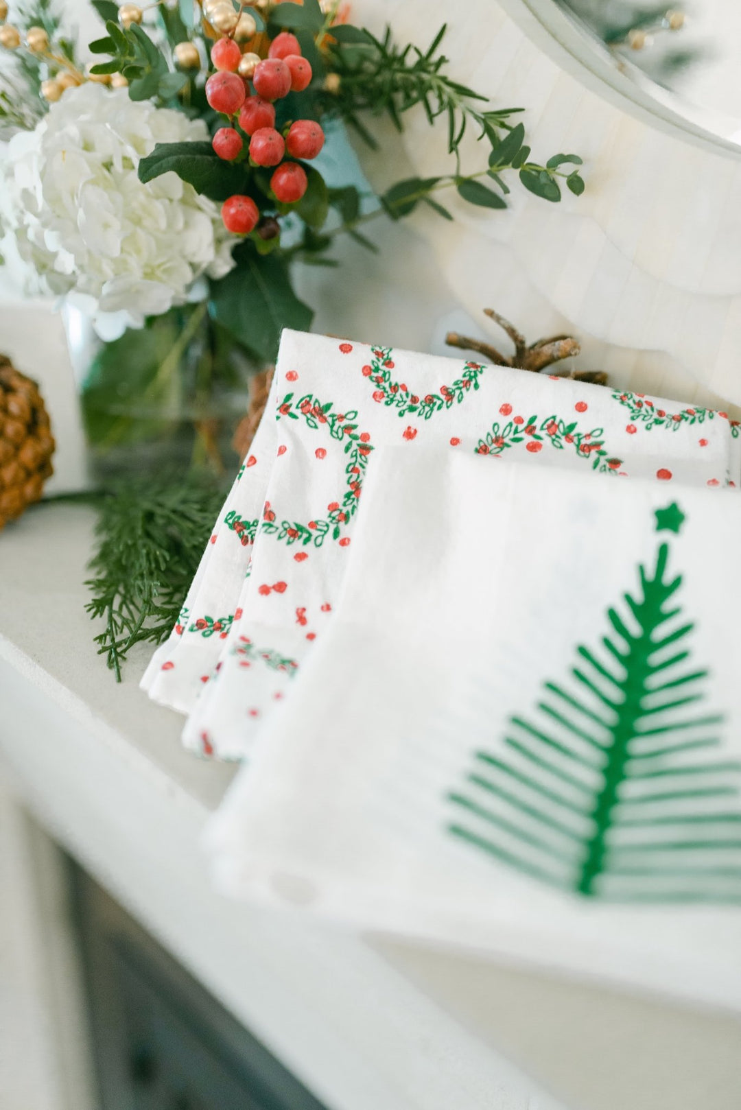 Tea Towel - Wreath, Evergreen & Red - The Mended Company