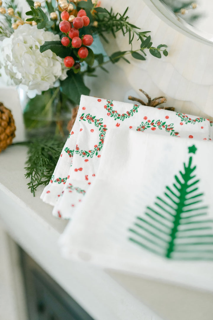Tea Towel - Wreath, Evergreen & Red - The Mended Company