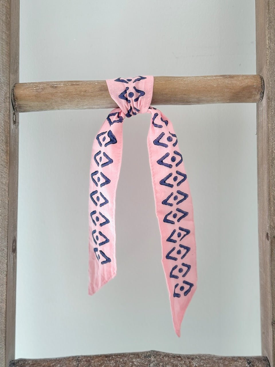Voile Ribbon - Pale Pink - Aztec Border, Navy - The Mended Company