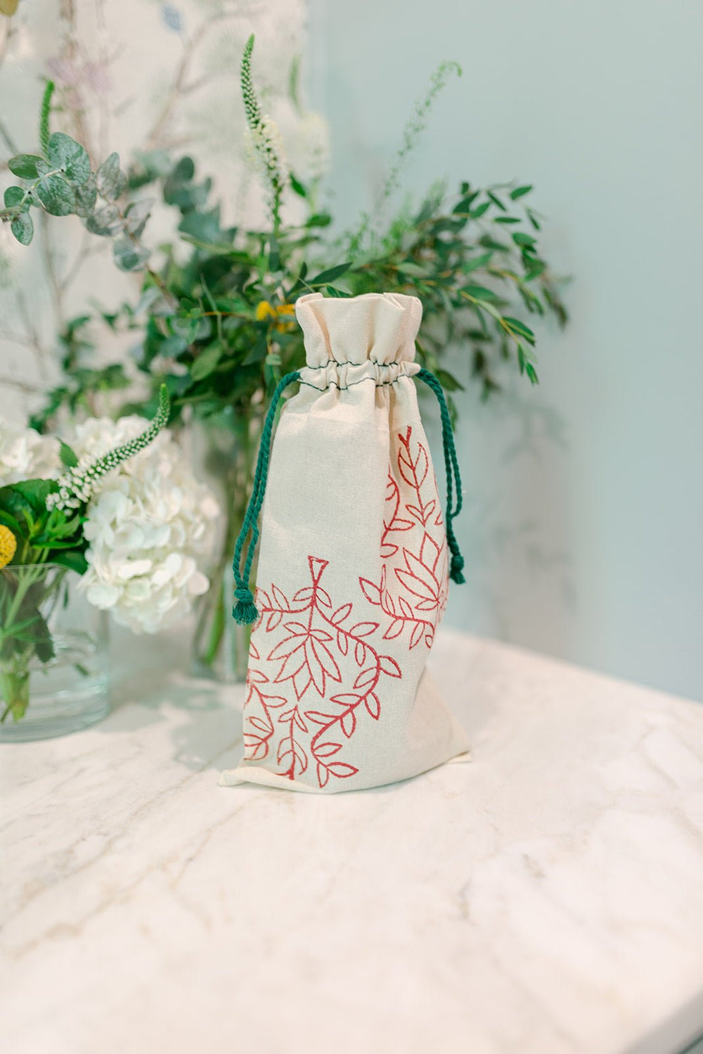 Wine Gift Bag - Lotus, Berry with Midnight Thread - The Mended Company