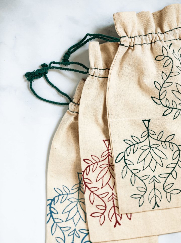 Wine Gift Bag - Lotus, Uniform Blue with Midnight Thread - The Mended Company