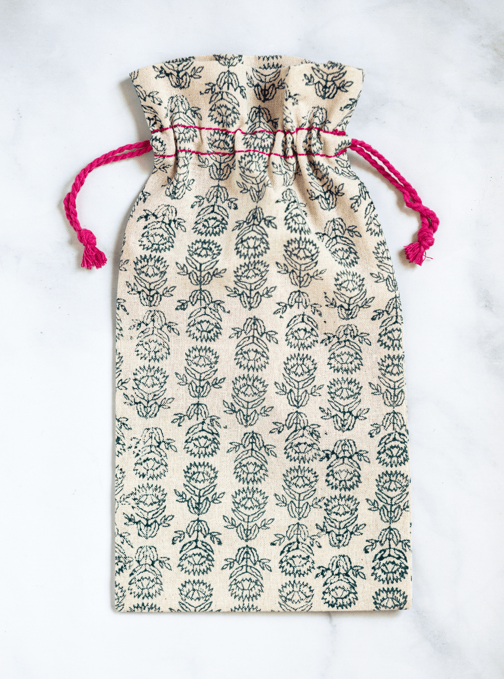 Wine Gift Bag - Protea, Midnight Green with Pink Thread - The Mended Company