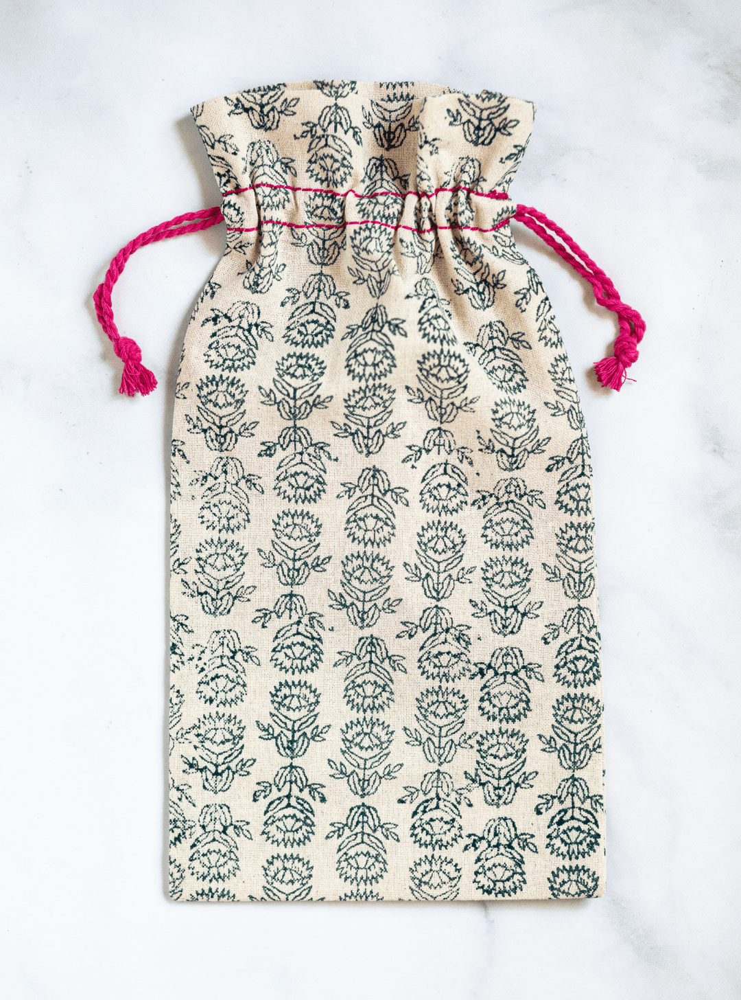Wine Gift Bag - Protea, Midnight Green with Pink Thread - The Mended Company