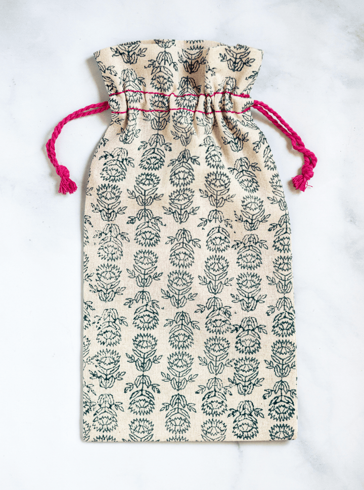 Wine Gift Bag - Protea, Midnight Green with Pink Thread - The Mended Company