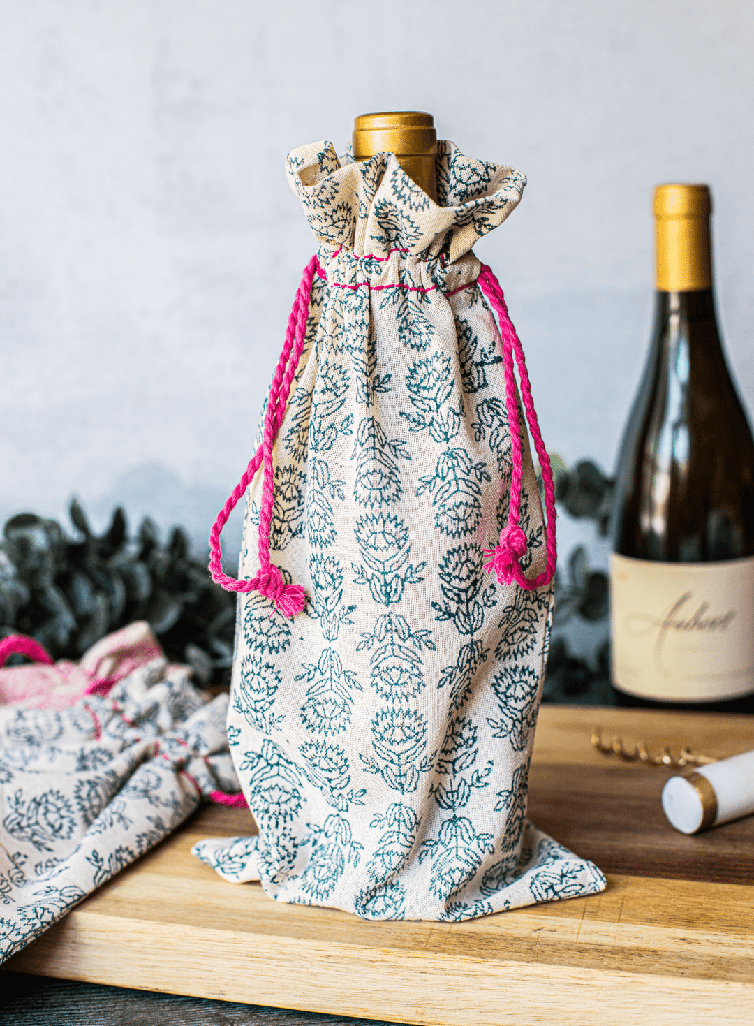 Wine Gift Bag - Protea, Midnight Green with Pink Thread - The Mended Company