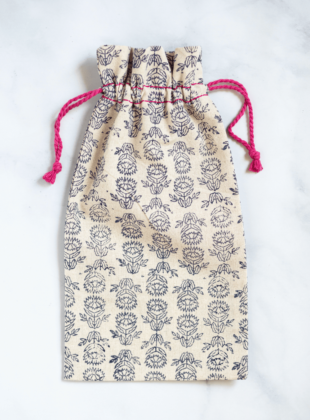 Wine Gift Bag - Protea, Navy with Pink Thread - The Mended Company
