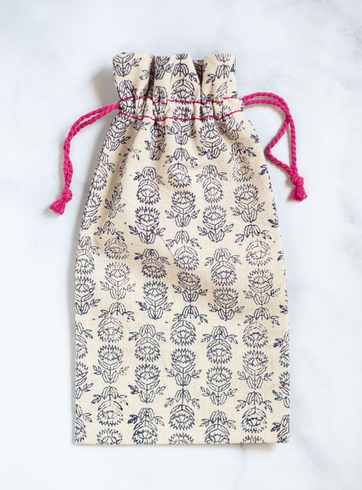 Wine Gift Bag - Protea, Navy with Pink Thread - The Mended Company