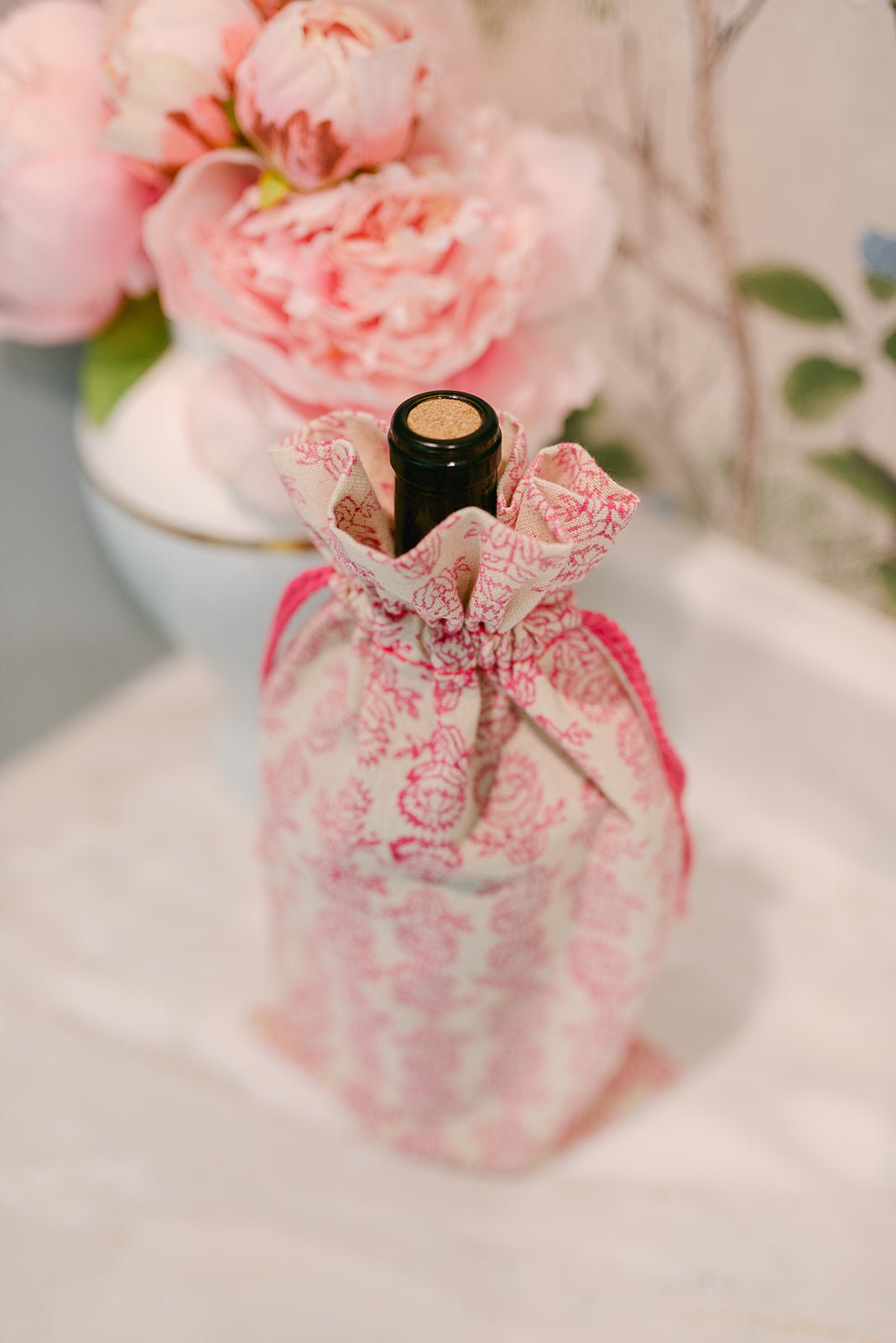 Wine Gift Bag - Protea, Pink with Pink Thread - The Mended Company
