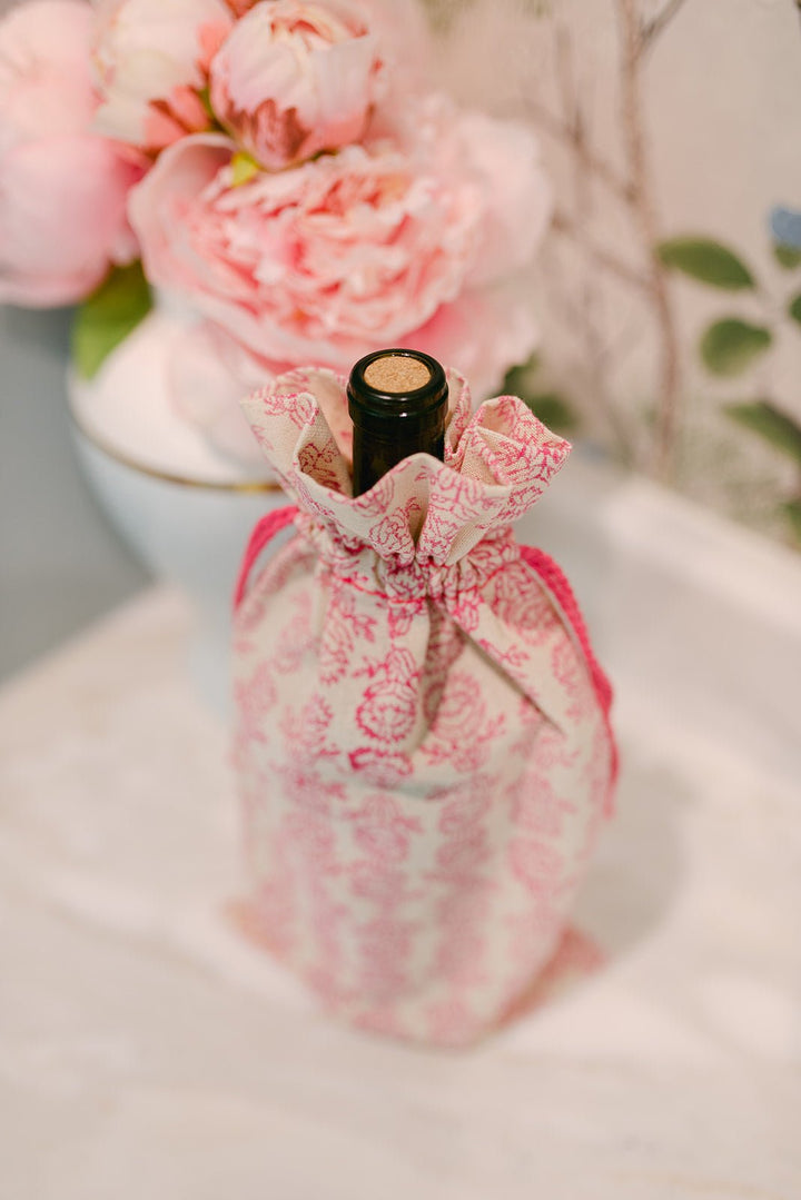 Wine Gift Bag - Protea, Pink with Pink Thread - The Mended Company