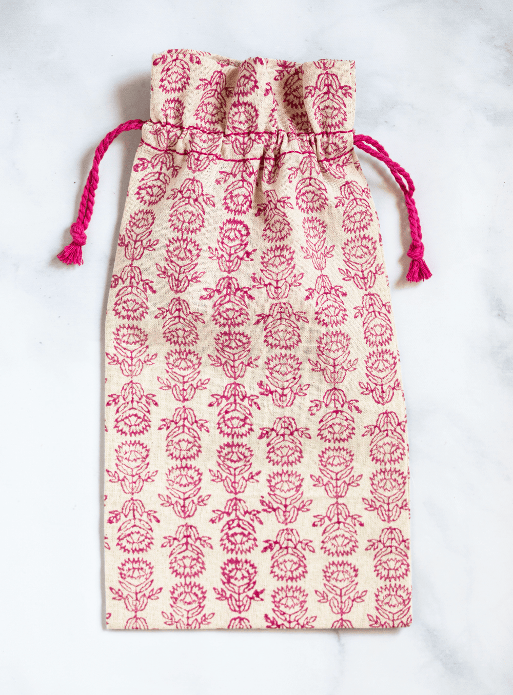 Wine Gift Bag - Protea, Pink with Pink Thread - The Mended Company