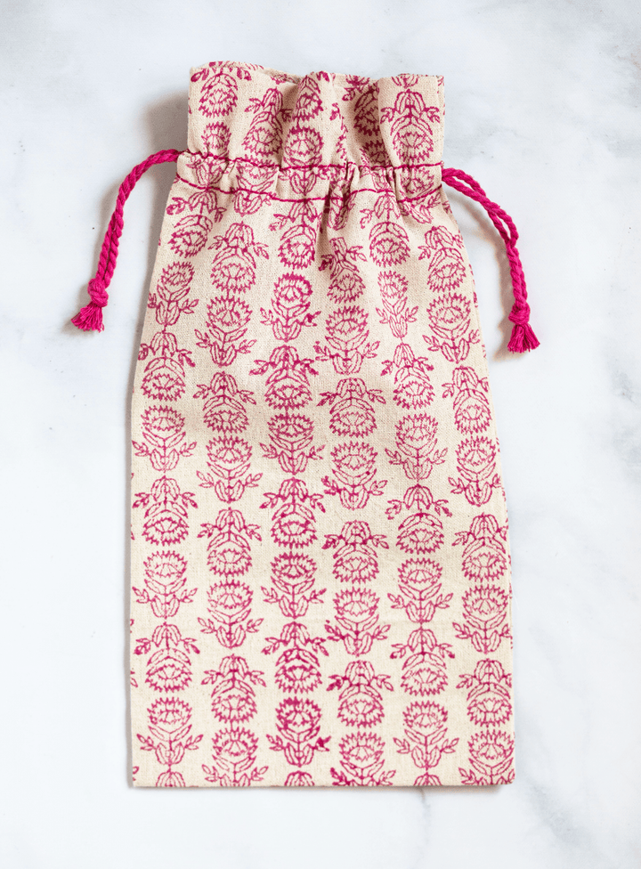 Wine Gift Bag - Protea, Pink with Pink Thread - The Mended Company