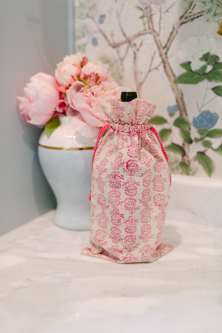 Wine Gift Bag - Protea, Pink with Pink Thread - The Mended Company