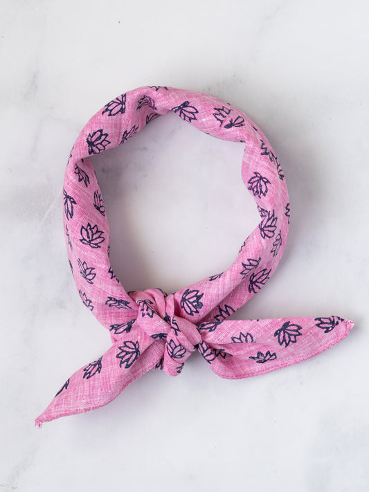 Bandana - Pink Linen with Baby Lotus, Navy