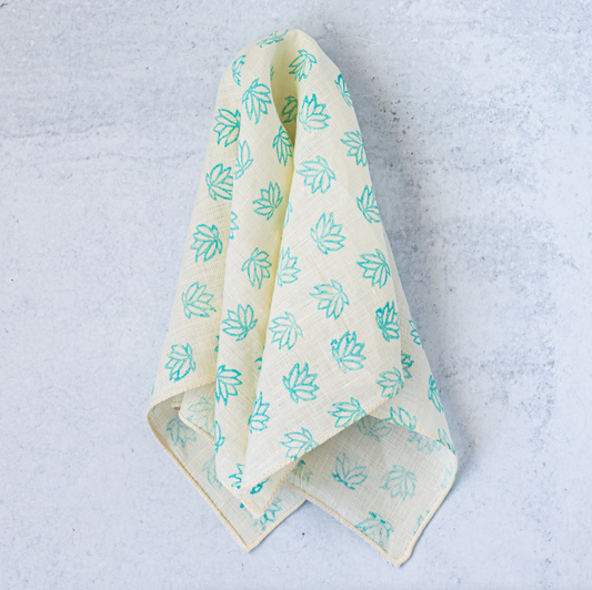 Pocket Square - Cream Linen with Baby Lotus, Saltwater