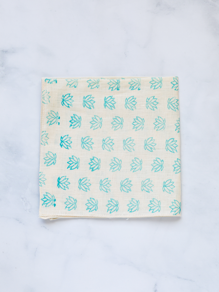 Pocket Square - Cream Linen with Baby Lotus, Saltwater