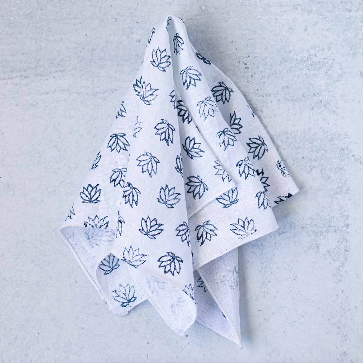 Pocket Square - White Linen with Baby Lotus, Navy