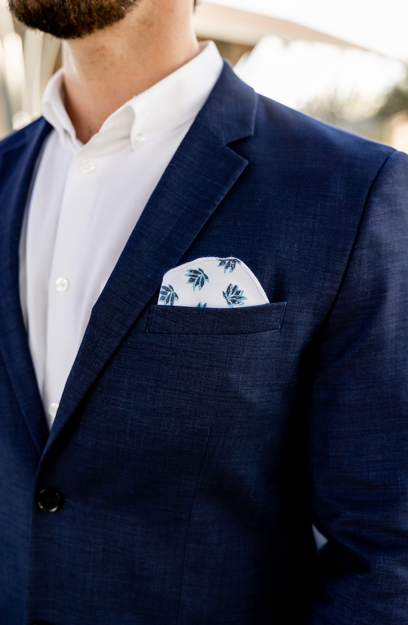 Pocket Square - White Linen with Lotus, Uniform Blue & Navy