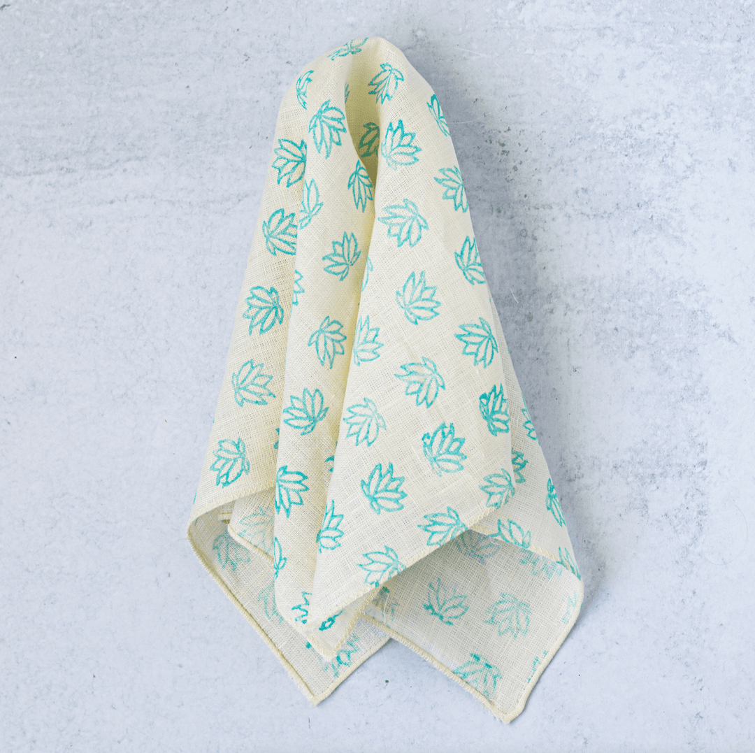Pocket Square - Cream Linen with Baby Lotus, Saltwater - The Mended Company