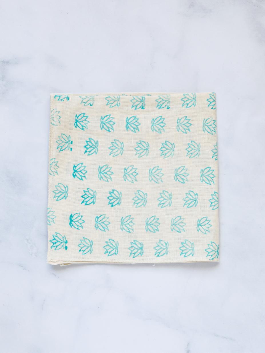 Pocket Square - Cream Linen with Baby Lotus, Saltwater - The Mended Company