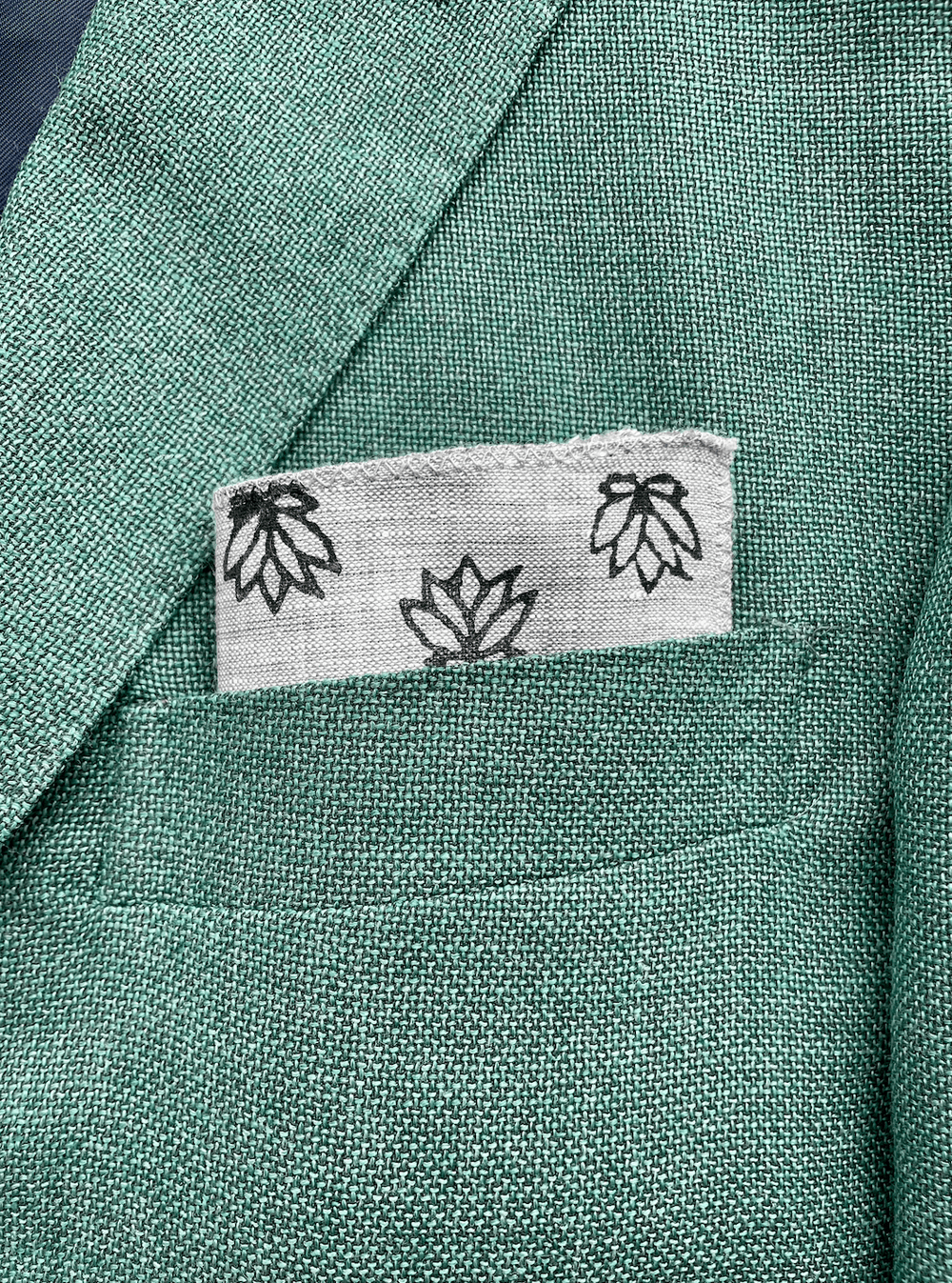 Pocket Square - Gray Linen with Baby Lotus, Black - The Mended Company