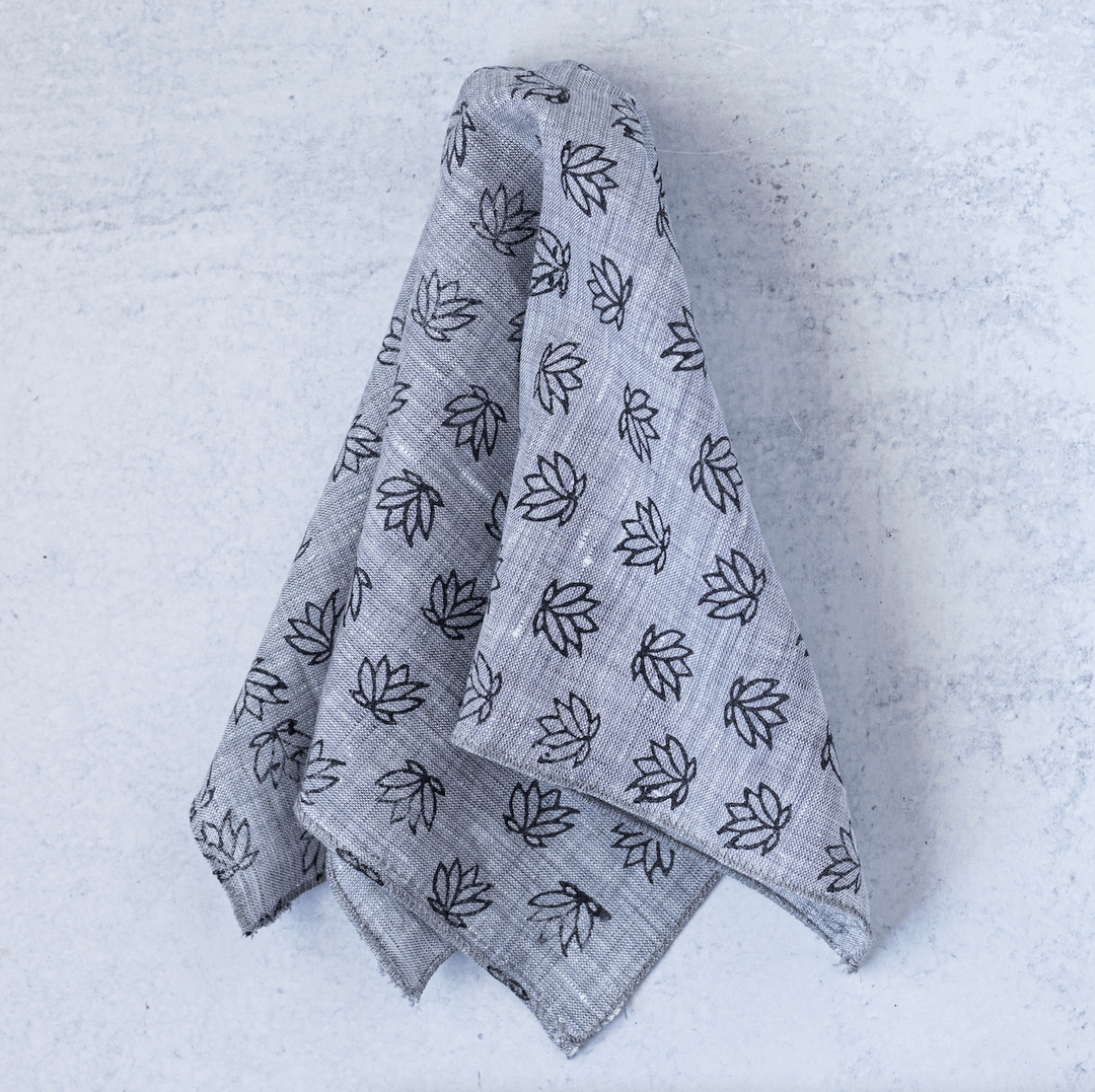 Pocket Square - Gray Linen with Baby Lotus, Black - The Mended Company