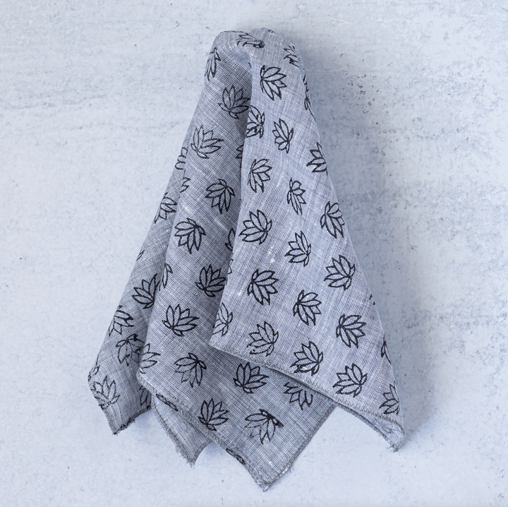 Pocket Square - Gray Linen with Baby Lotus, Black - The Mended Company