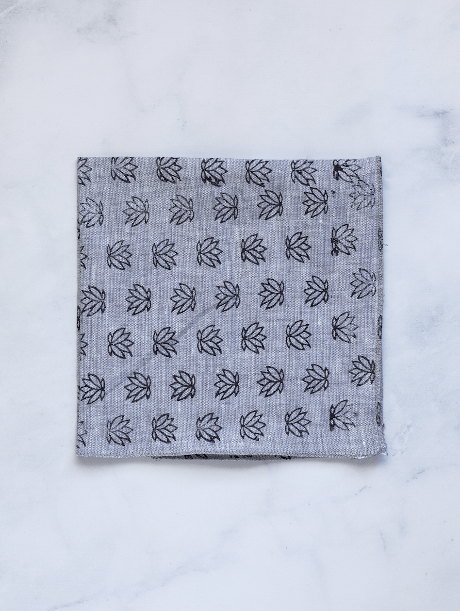 Pocket Square - Gray Linen with Baby Lotus, Black - The Mended Company