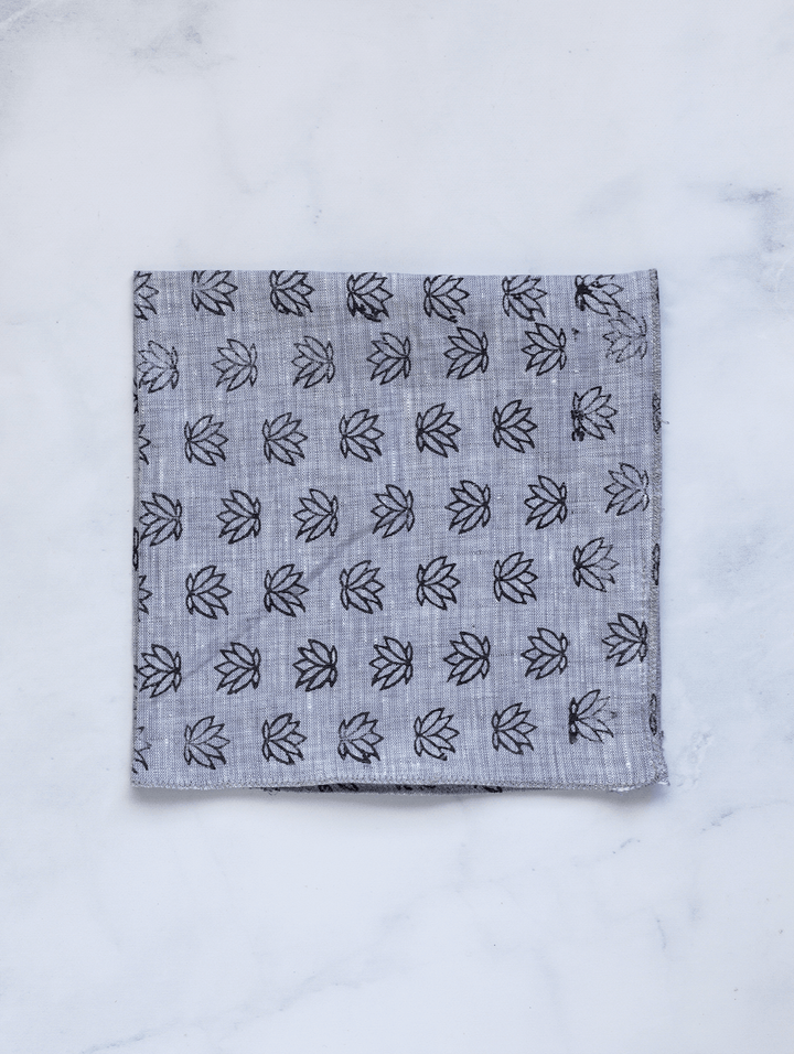 Pocket Square - Gray Linen with Baby Lotus, Black - The Mended Company