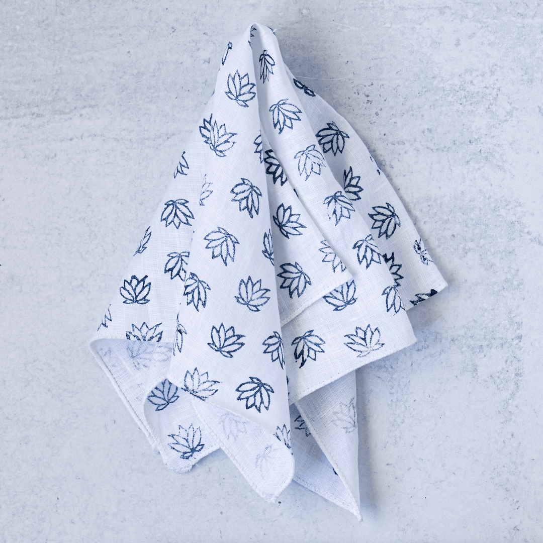 Pocket Square - White Linen with Baby Lotus, Navy - The Mended Company