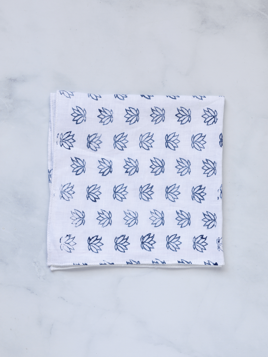 Pocket Square - White Linen with Baby Lotus, Navy - The Mended Company