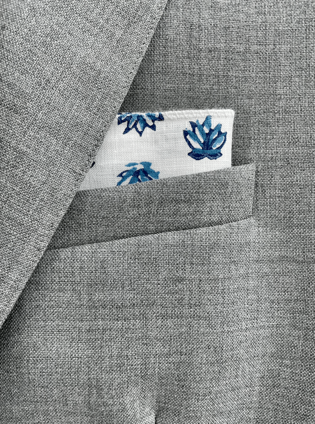 Pocket Square - White Linen with Lotus, Uniform Blue & Navy - The Mended Company
