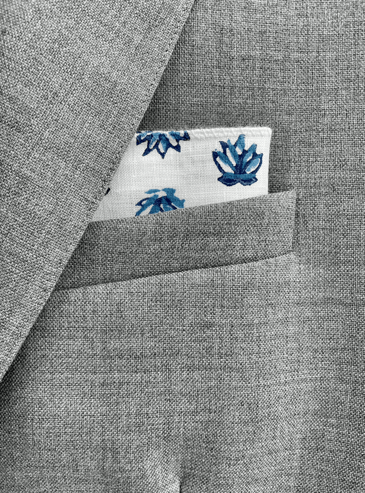 Pocket Square - White Linen with Lotus, Uniform Blue & Navy - The Mended Company